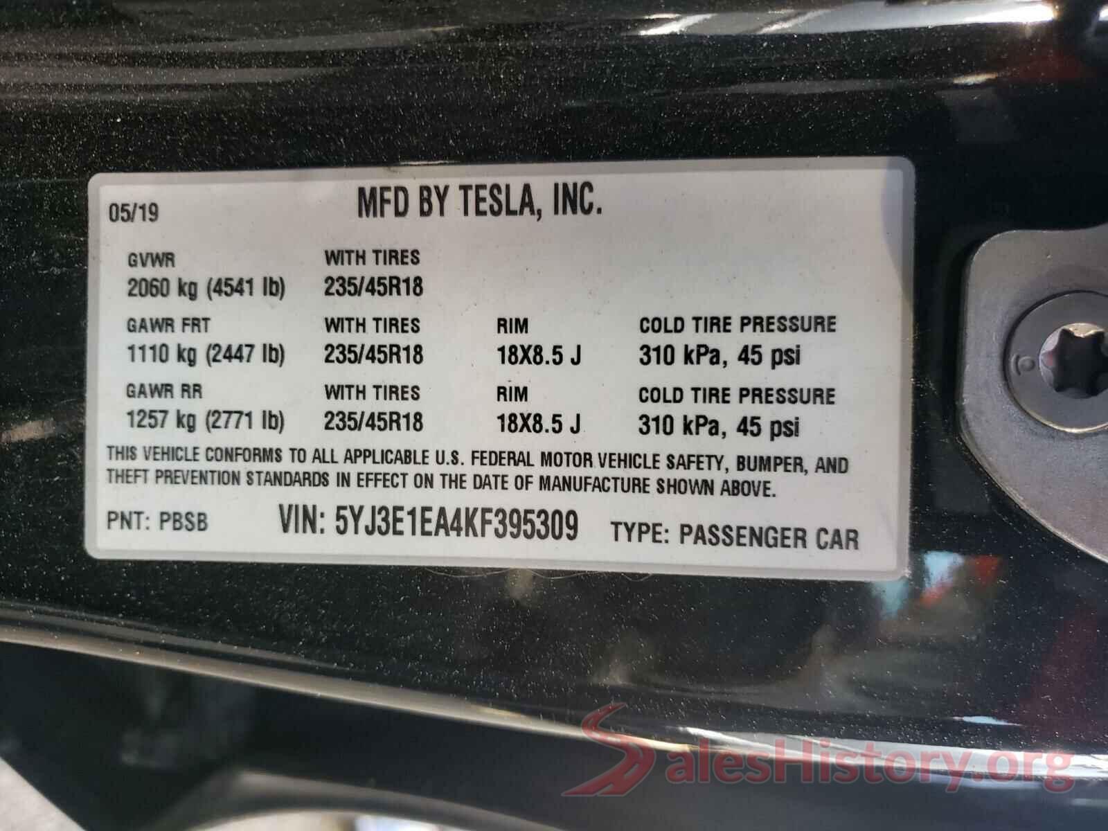 5YJ3E1EA4KF395309 2019 TESLA MODEL 3