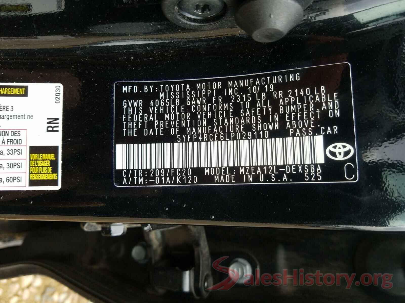 5YFP4RCE6LP029110 2020 TOYOTA COROLLA