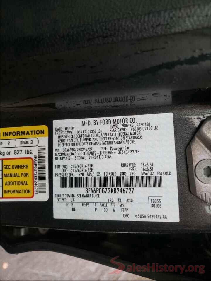 3FA6P0G72KR246727 2019 FORD FUSION