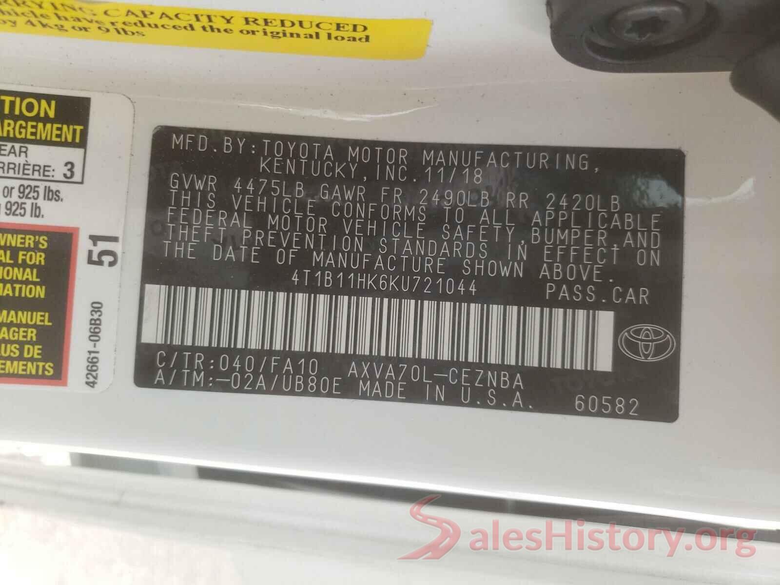 4T1B11HK6KU721044 2019 TOYOTA CAMRY