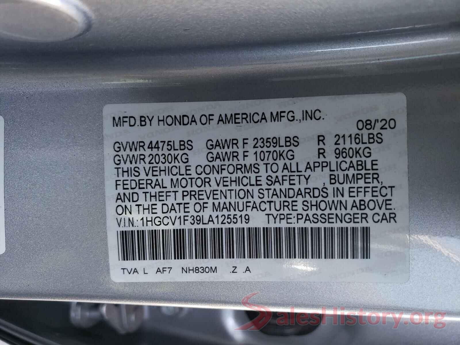 1HGCV1F39LA125519 2020 HONDA ACCORD