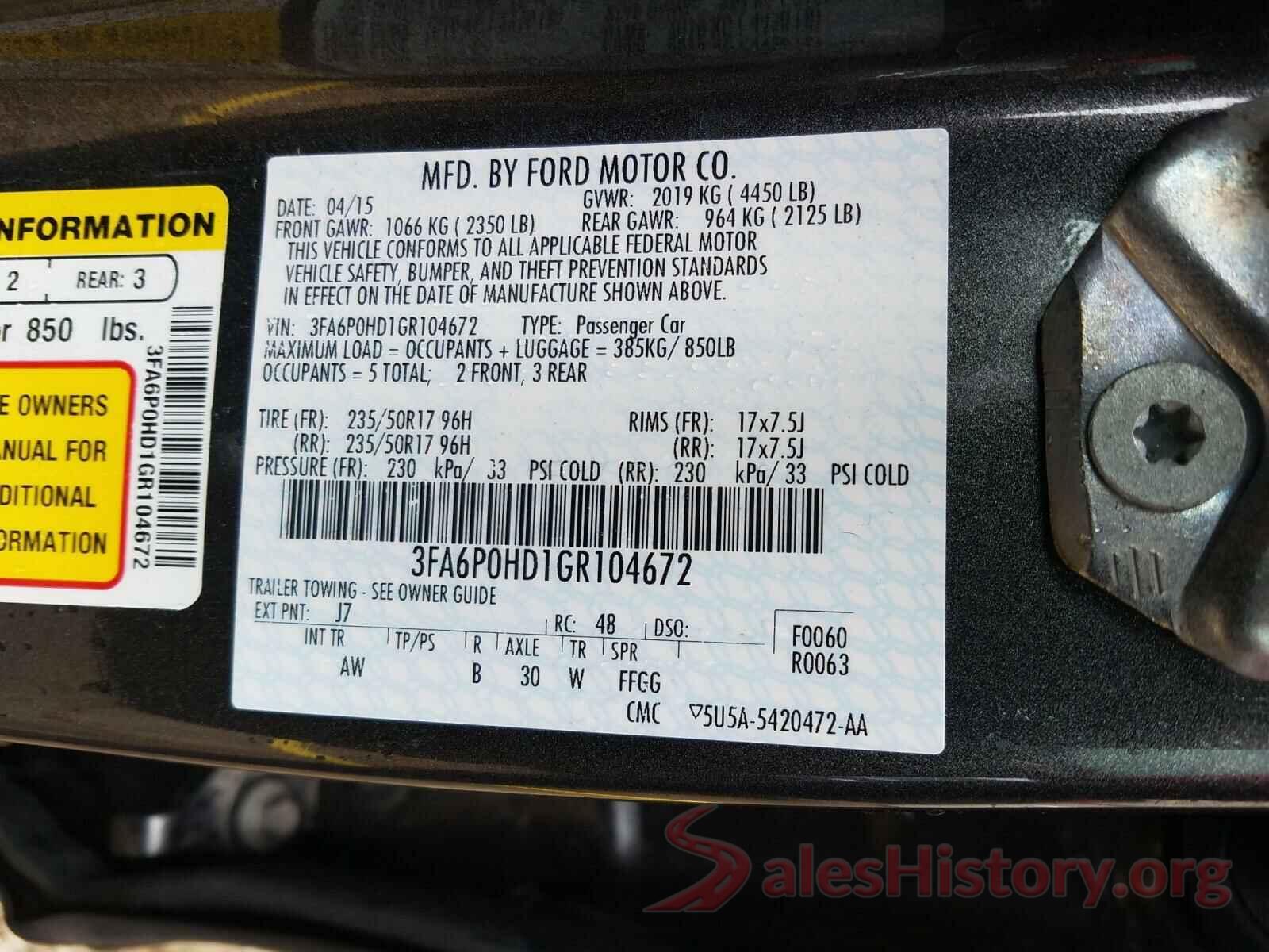 3FA6P0HD1GR104672 2016 FORD FUSION