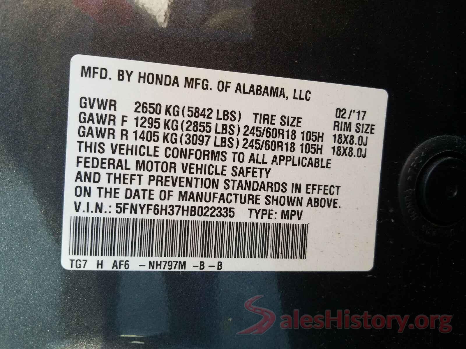 5FNYF6H37HB022335 2017 HONDA PILOT