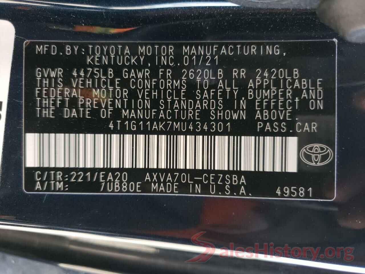 4T1G11AK7MU434301 2021 TOYOTA CAMRY