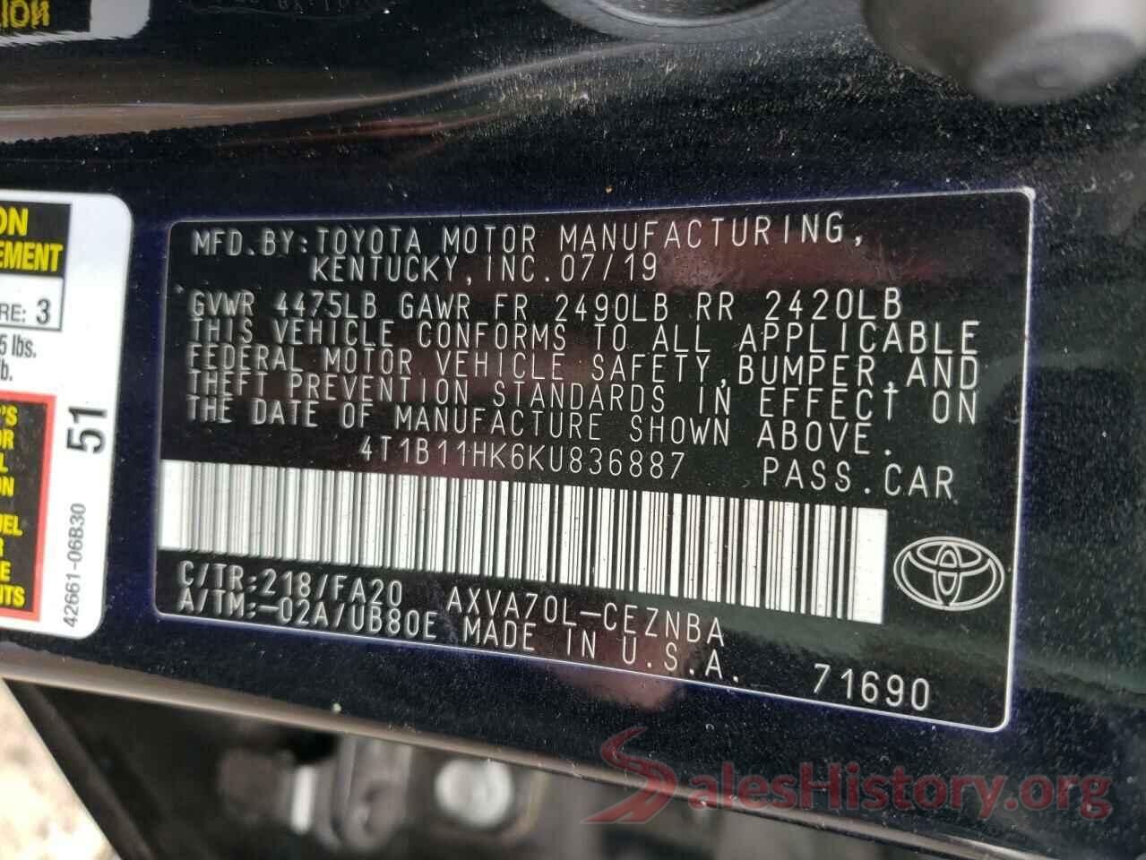 4T1B11HK6KU836887 2019 TOYOTA CAMRY