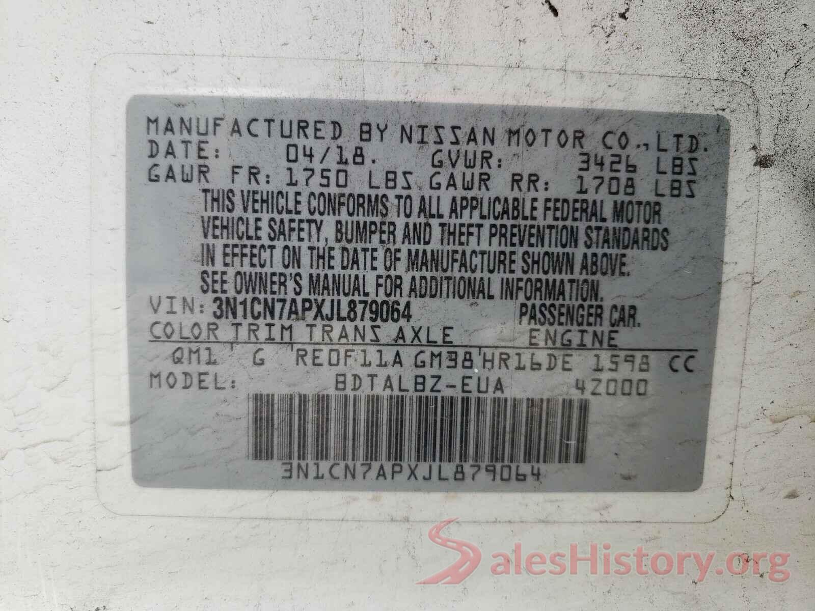 3N1CN7APXJL879064 2018 NISSAN VERSA