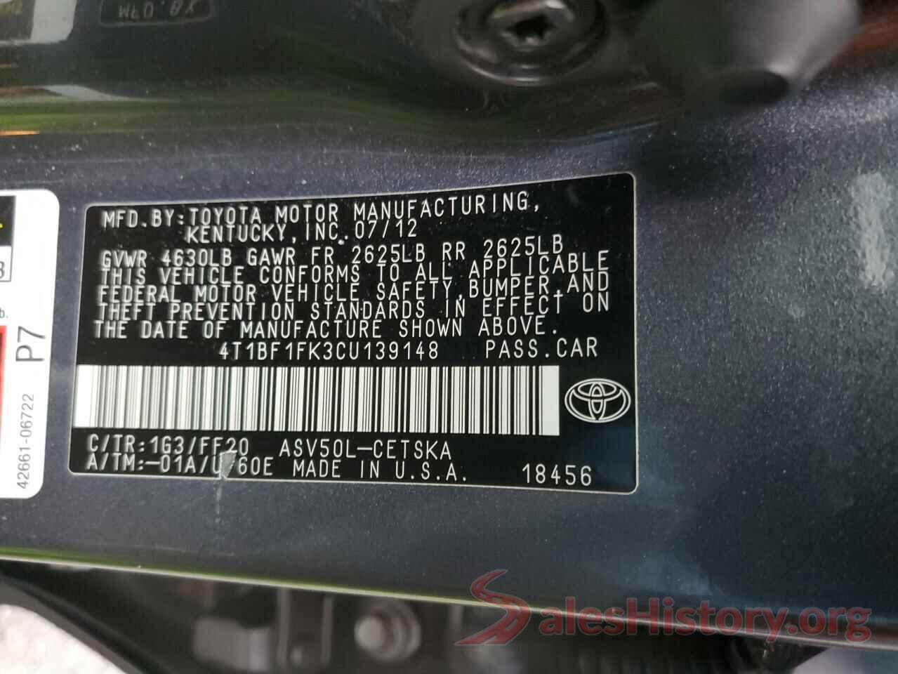 4T1BF1FK3CU139148 2012 TOYOTA CAMRY