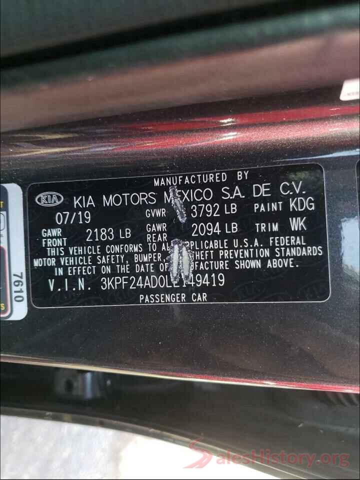 3KPF24AD0LE149419 2020 KIA FORTE