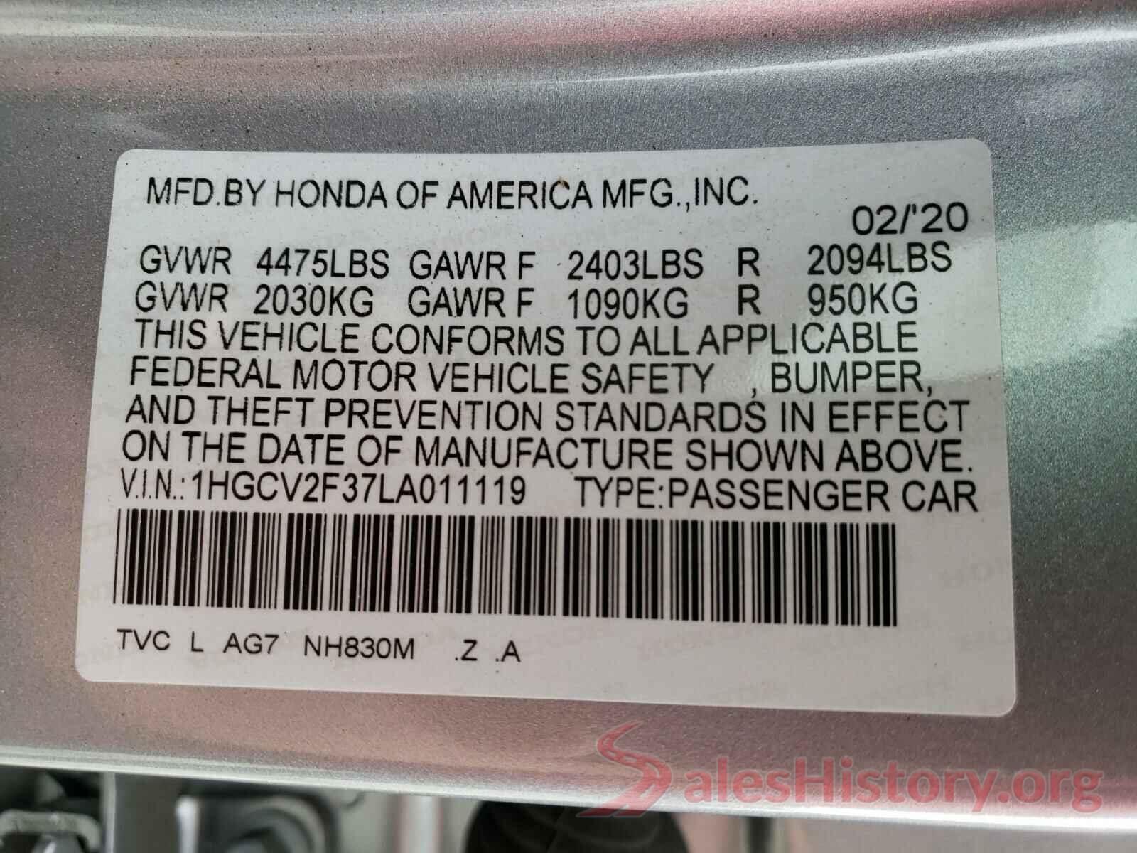 1HGCV2F37LA011119 2020 HONDA ACCORD