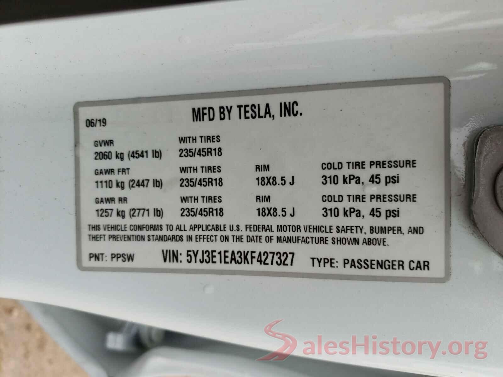 5YJ3E1EA3KF427327 2019 TESLA MODEL 3