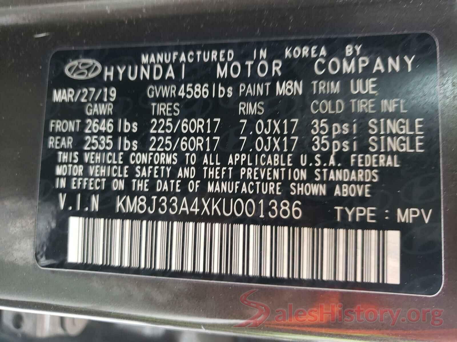 KM8J33A4XKU001386 2019 HYUNDAI TUCSON