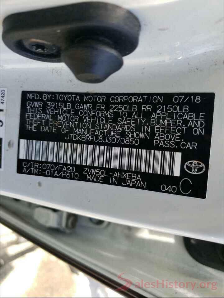 JTDKBRFU8J3070850 2018 TOYOTA PRIUS