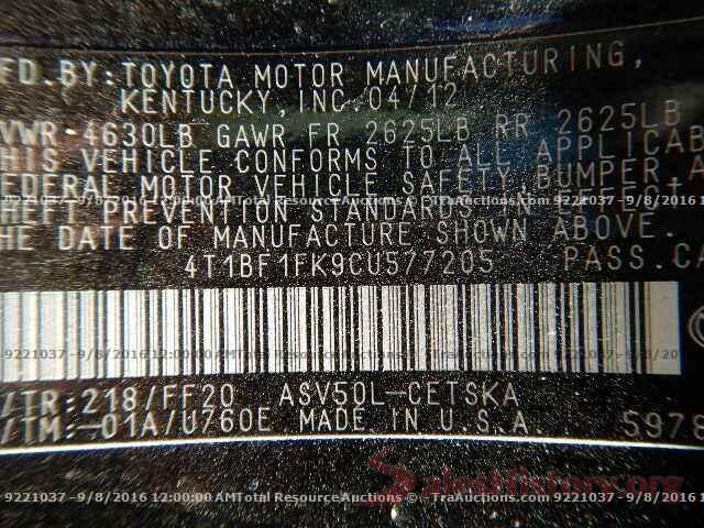 4T1BF1FK9CU577205 2012 TOYOTA CAMRY