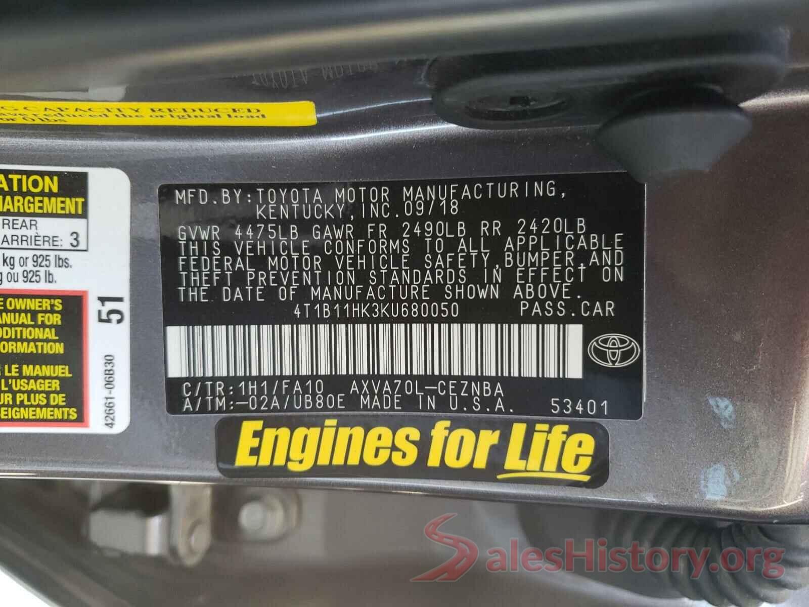 4T1B11HK3KU680050 2019 TOYOTA CAMRY