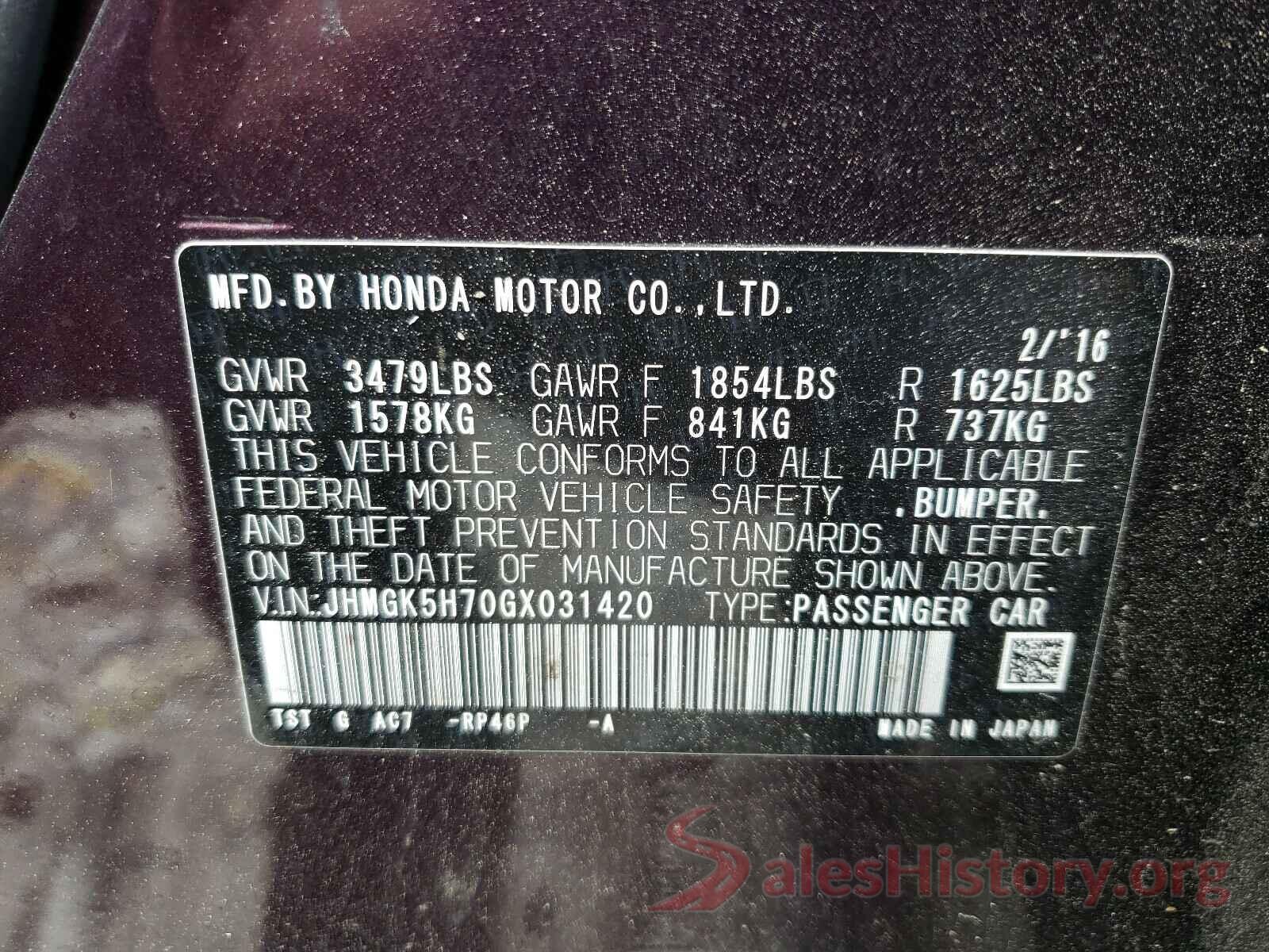 JHMGK5H70GX031420 2016 HONDA FIT