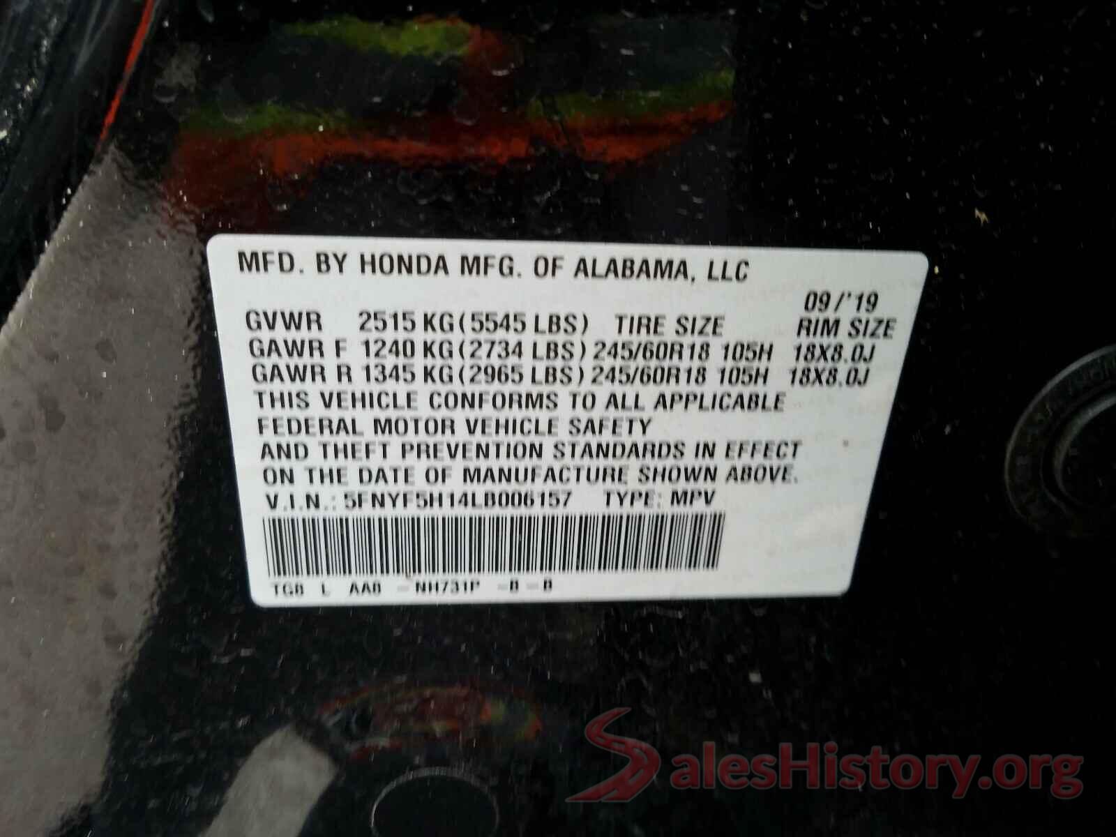 5FNYF5H14LB006157 2020 HONDA PILOT