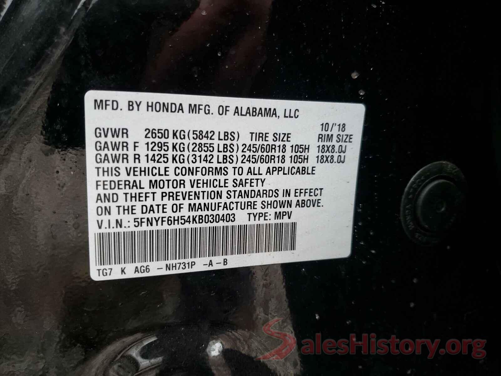 5FNYF6H54KB030403 2019 HONDA PILOT