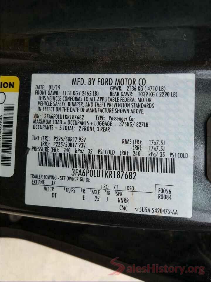 3FA6P0LU1KR187682 2019 FORD FUSION