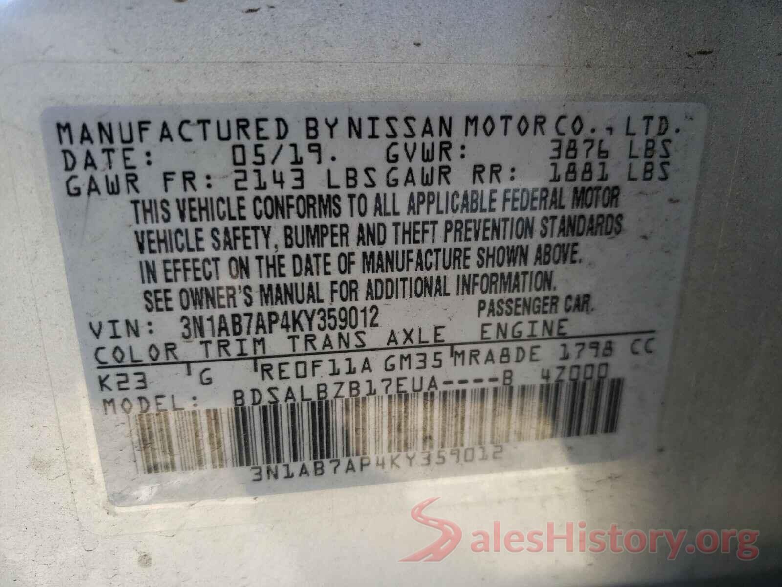 3N1AB7AP4KY359012 2019 NISSAN SENTRA