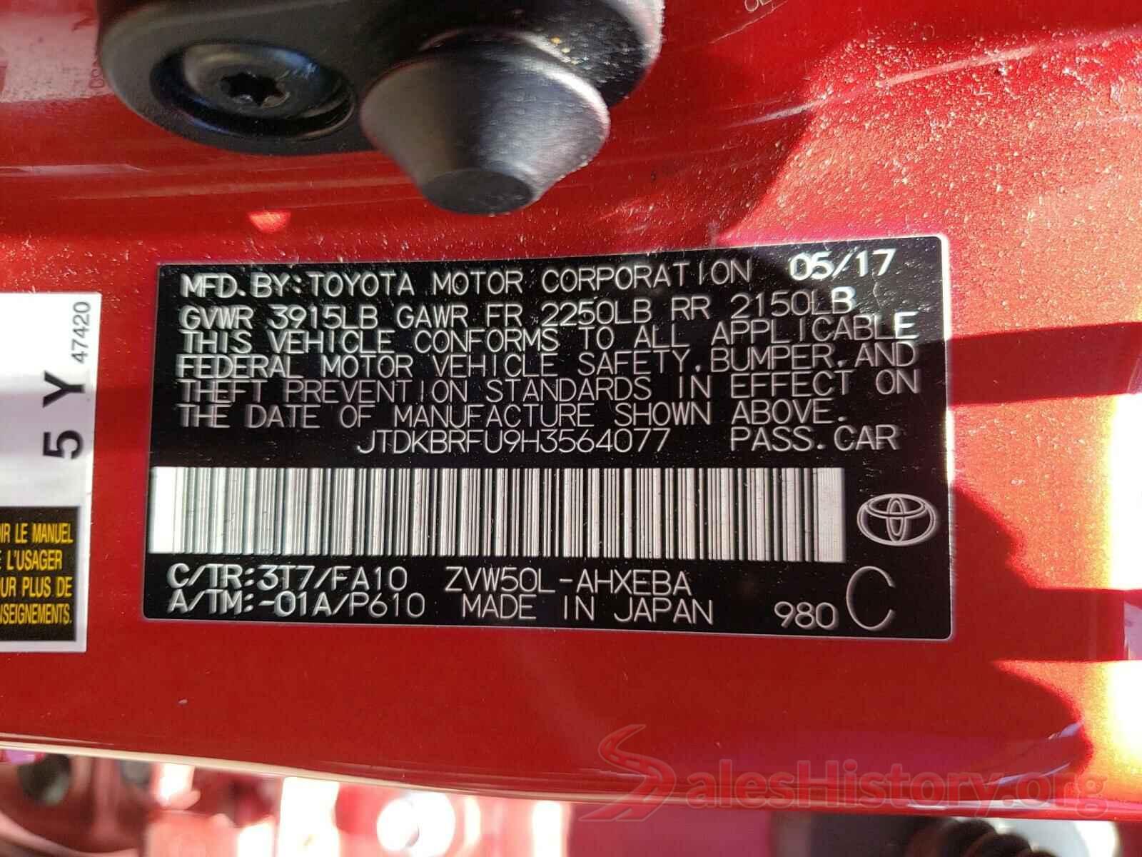 JTDKBRFU9H3564077 2017 TOYOTA PRIUS