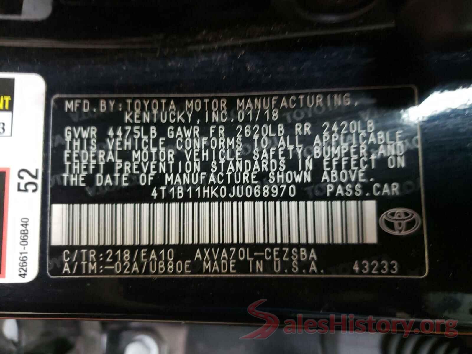 4T1B11HK0JU068970 2018 TOYOTA CAMRY