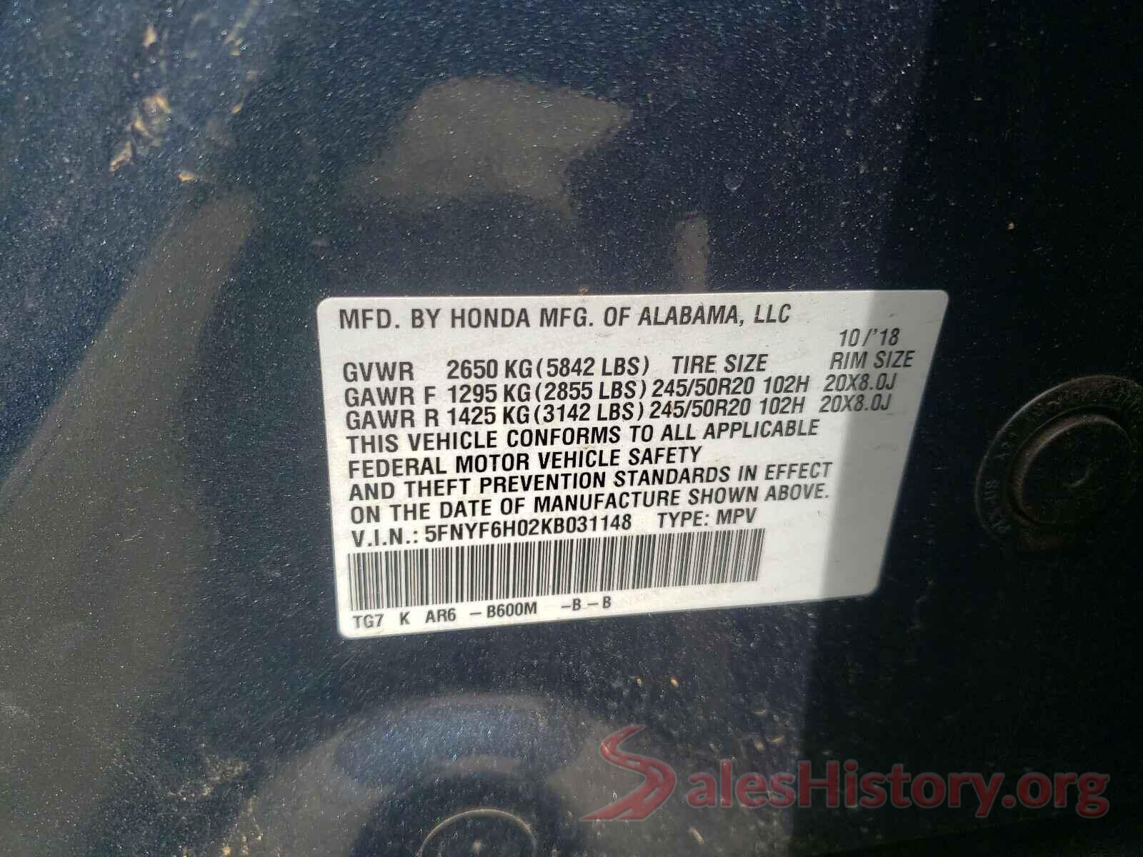 5FNYF6H02KB031148 2019 HONDA PILOT