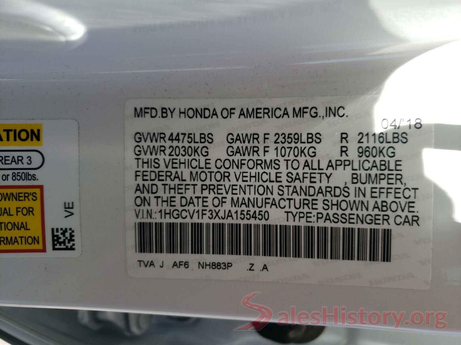 1HGCV1F3XJA155450 2018 HONDA ACCORD