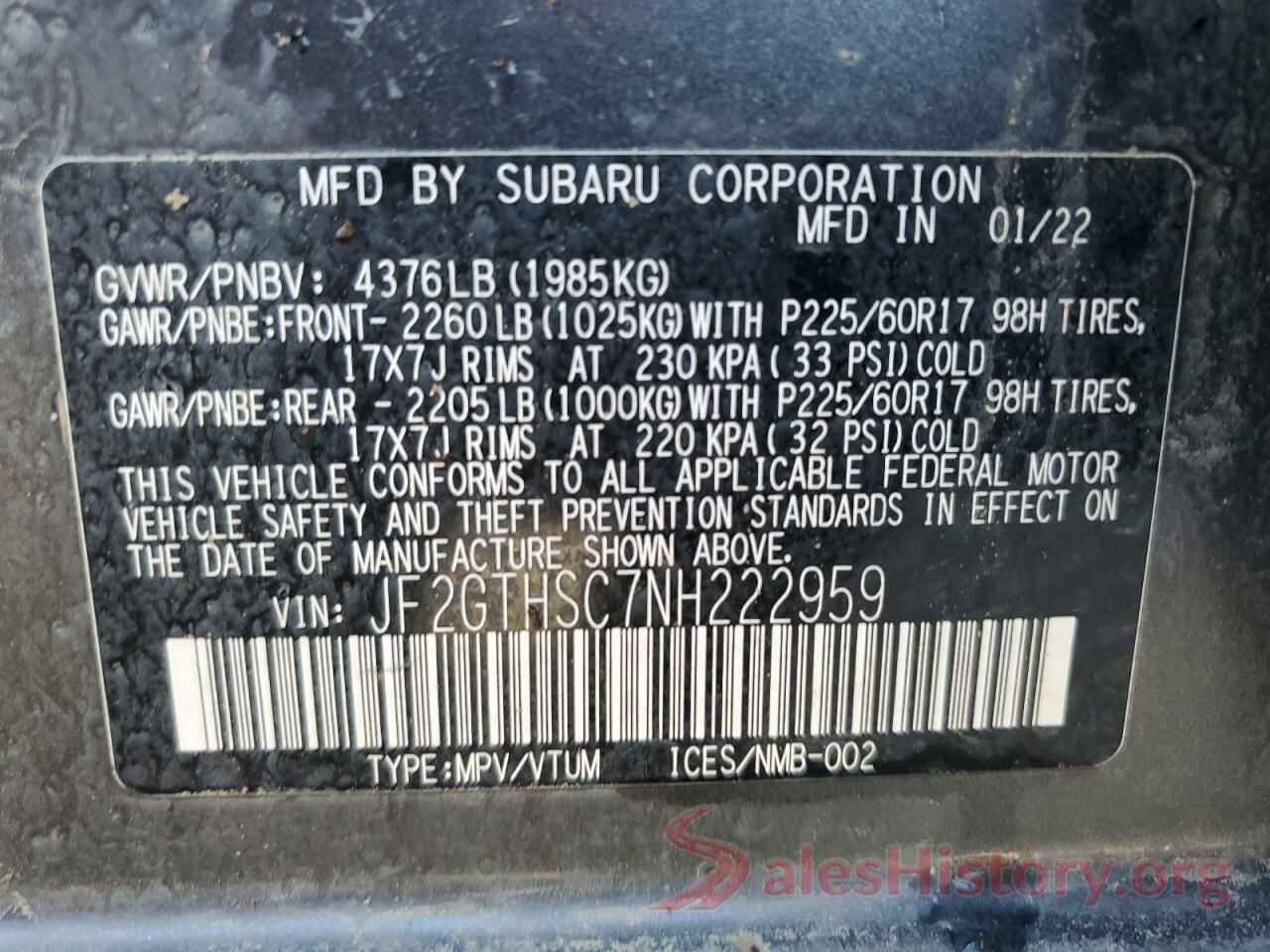 JF2GTHSC7NH222959 2022 SUBARU CROSSTREK