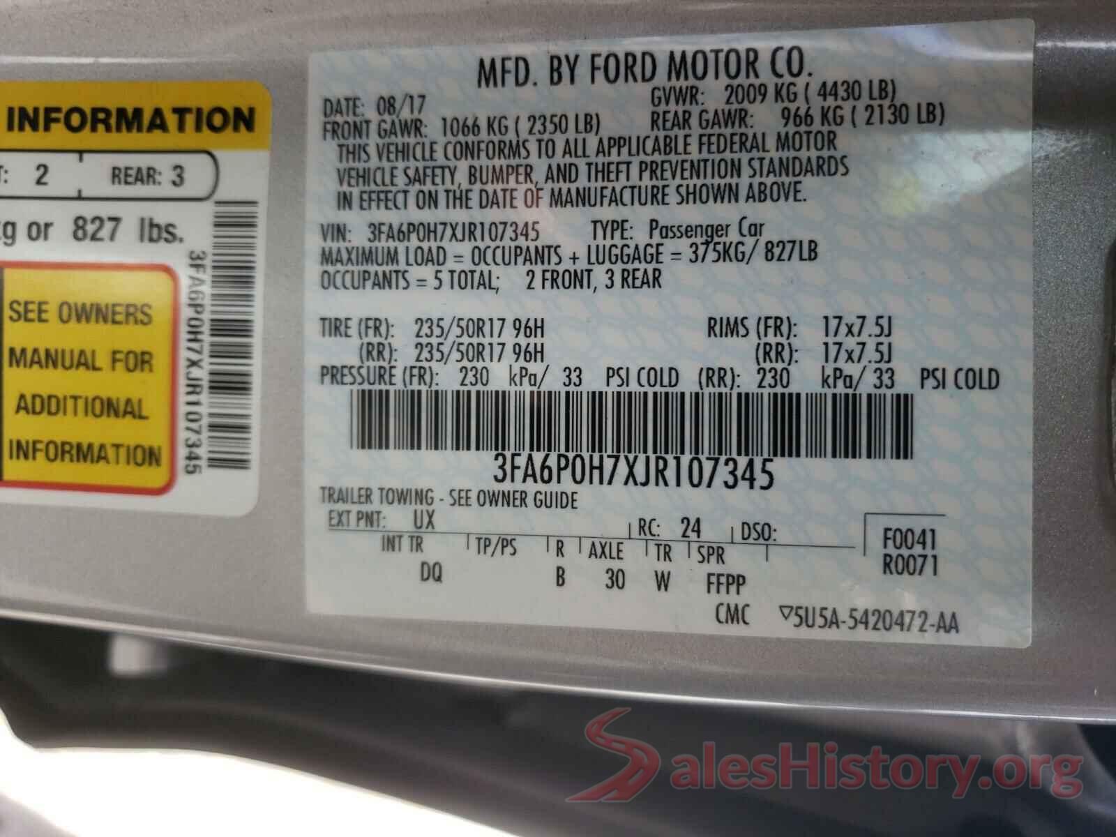 3FA6P0H7XJR107345 2018 FORD FUSION