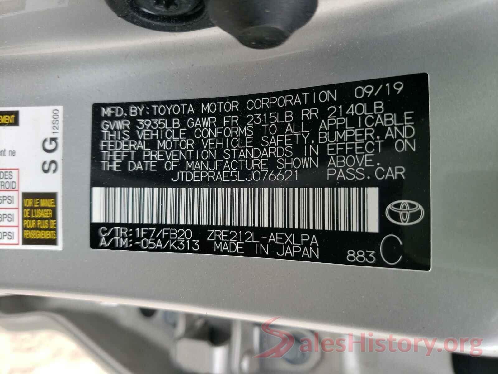 JTDEPRAE5LJ076621 2020 TOYOTA COROLLA