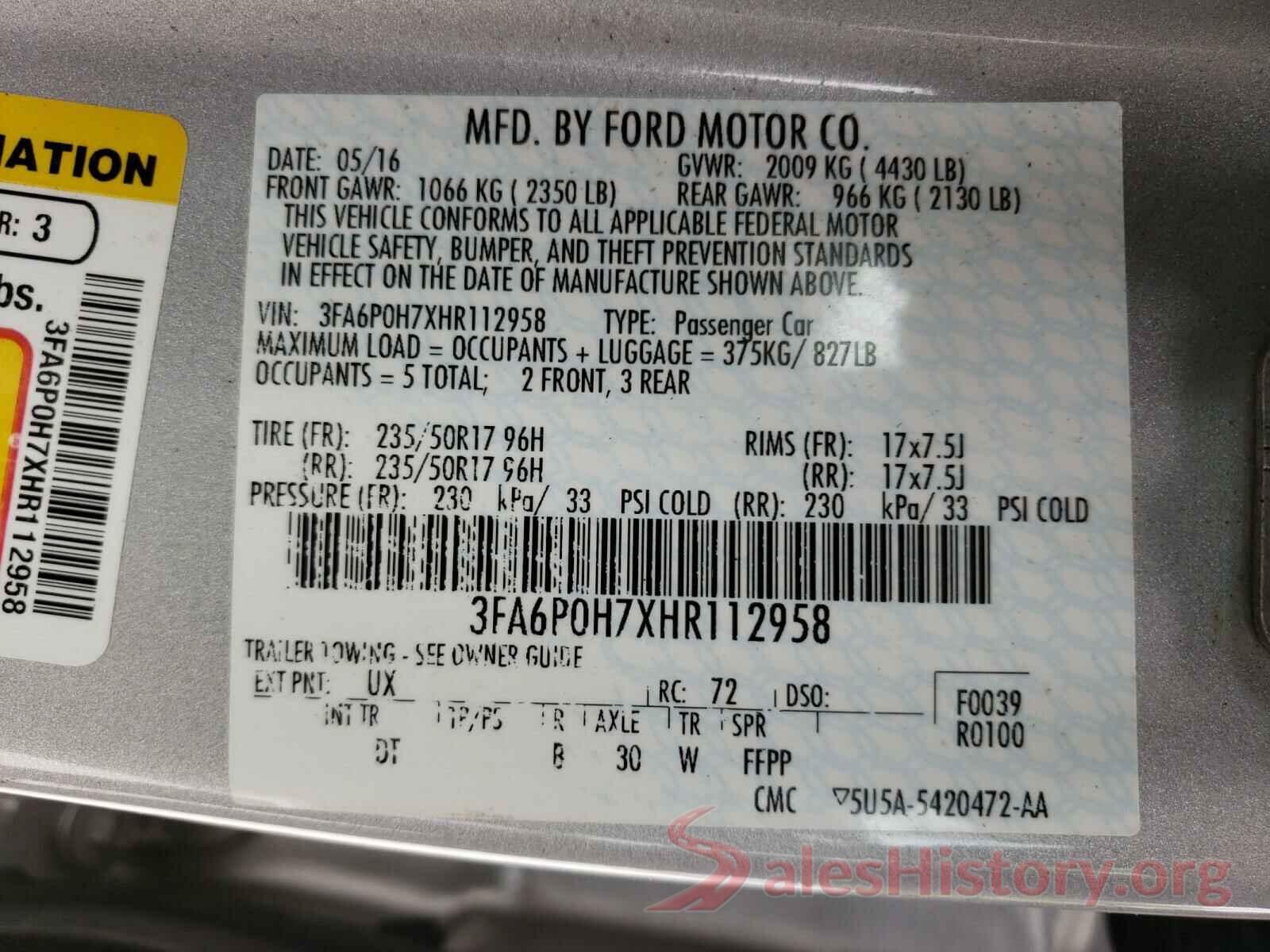 3FA6P0H7XHR112958 2017 FORD FUSION