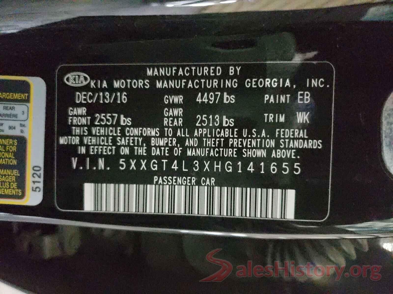 5XXGT4L3XHG141655 2017 KIA OPTIMA