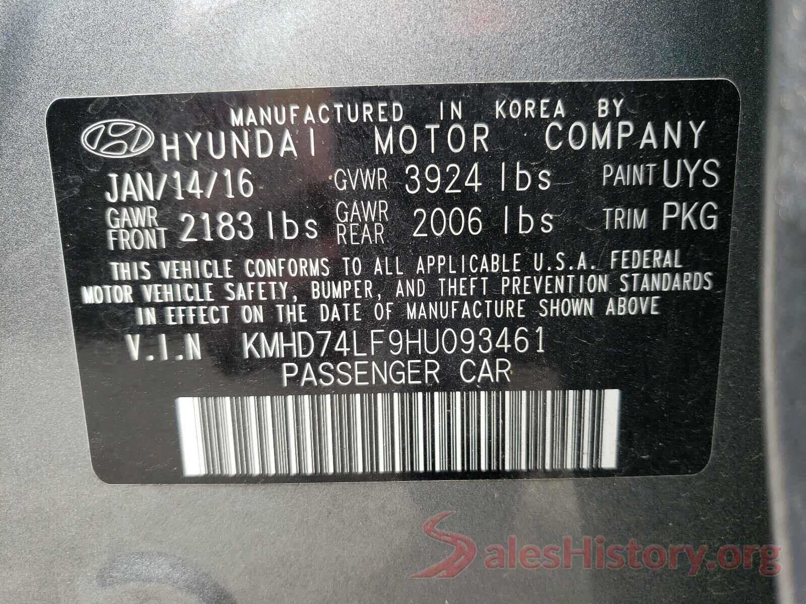 KMHD74LF9HU093461 2017 HYUNDAI ELANTRA