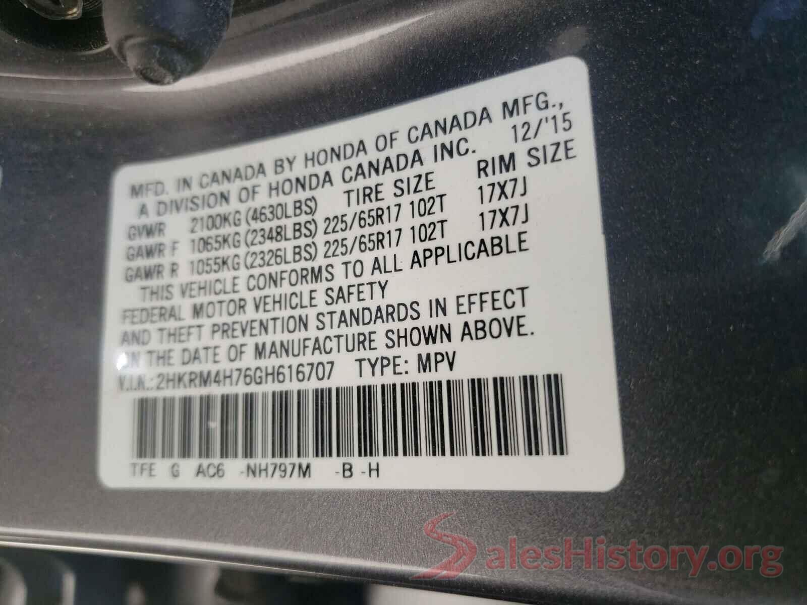 2HKRM4H76GH616707 2016 HONDA CRV