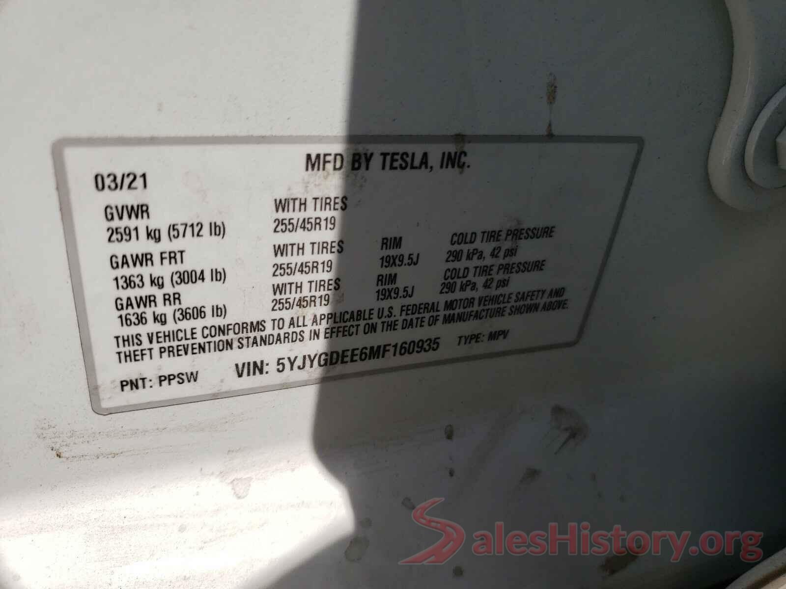 5YJYGDEE6MF160935 2021 TESLA MODEL Y