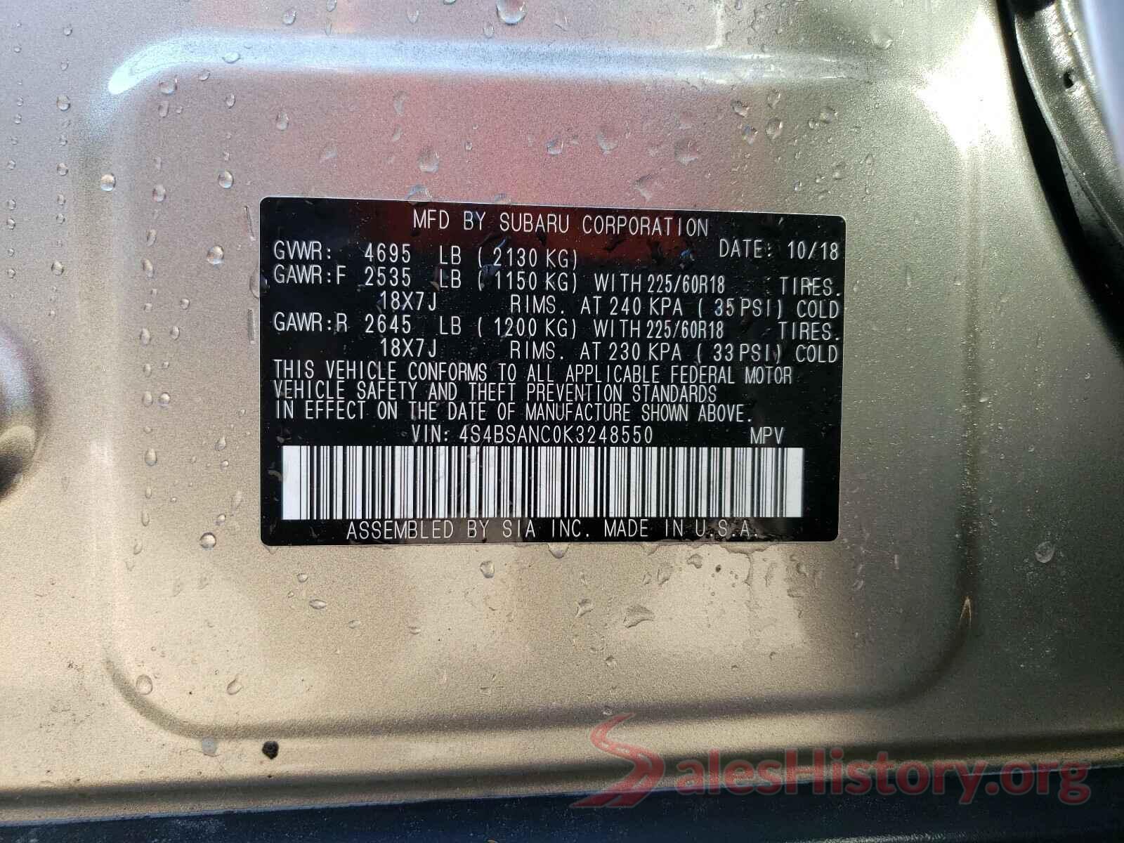 4S4BSANC0K3248550 2019 SUBARU OUTBACK