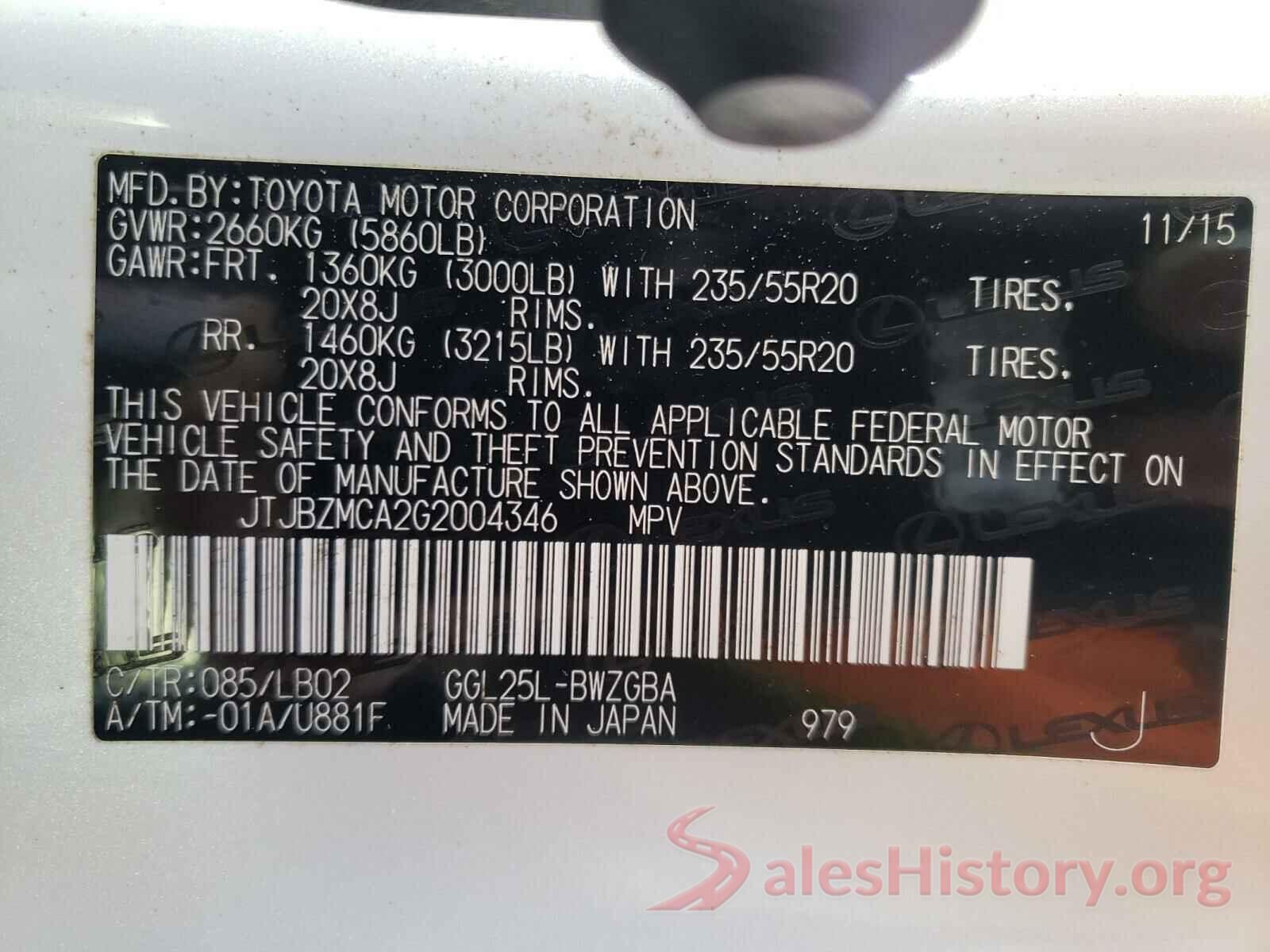 JTJBZMCA2G2004346 2016 LEXUS RX350