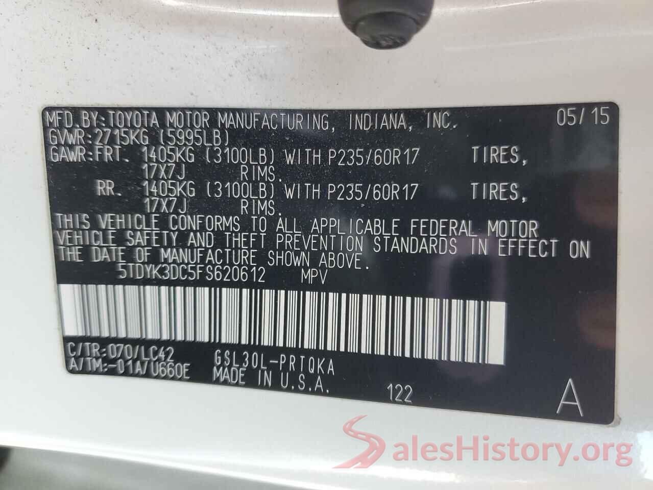 5TDYK3DC5FS620612 2015 TOYOTA SIENNA