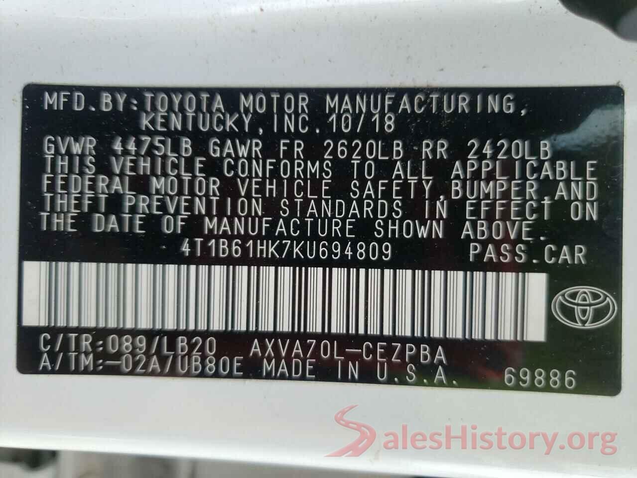 4T1B61HK7KU694809 2019 TOYOTA CAMRY