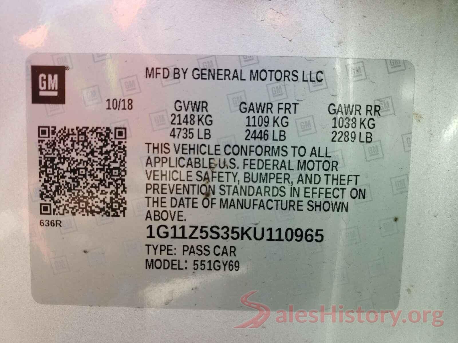 1G11Z5S35KU110965 2019 CHEVROLET IMPALA