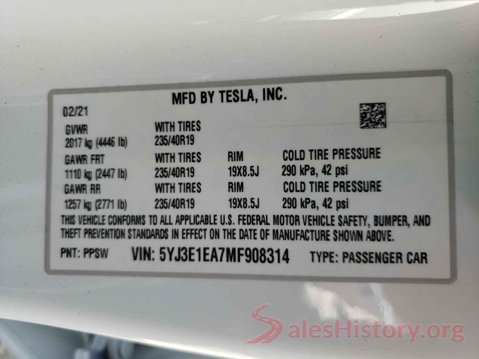 5YJ3E1EA7MF908314 2021 TESLA MODEL 3