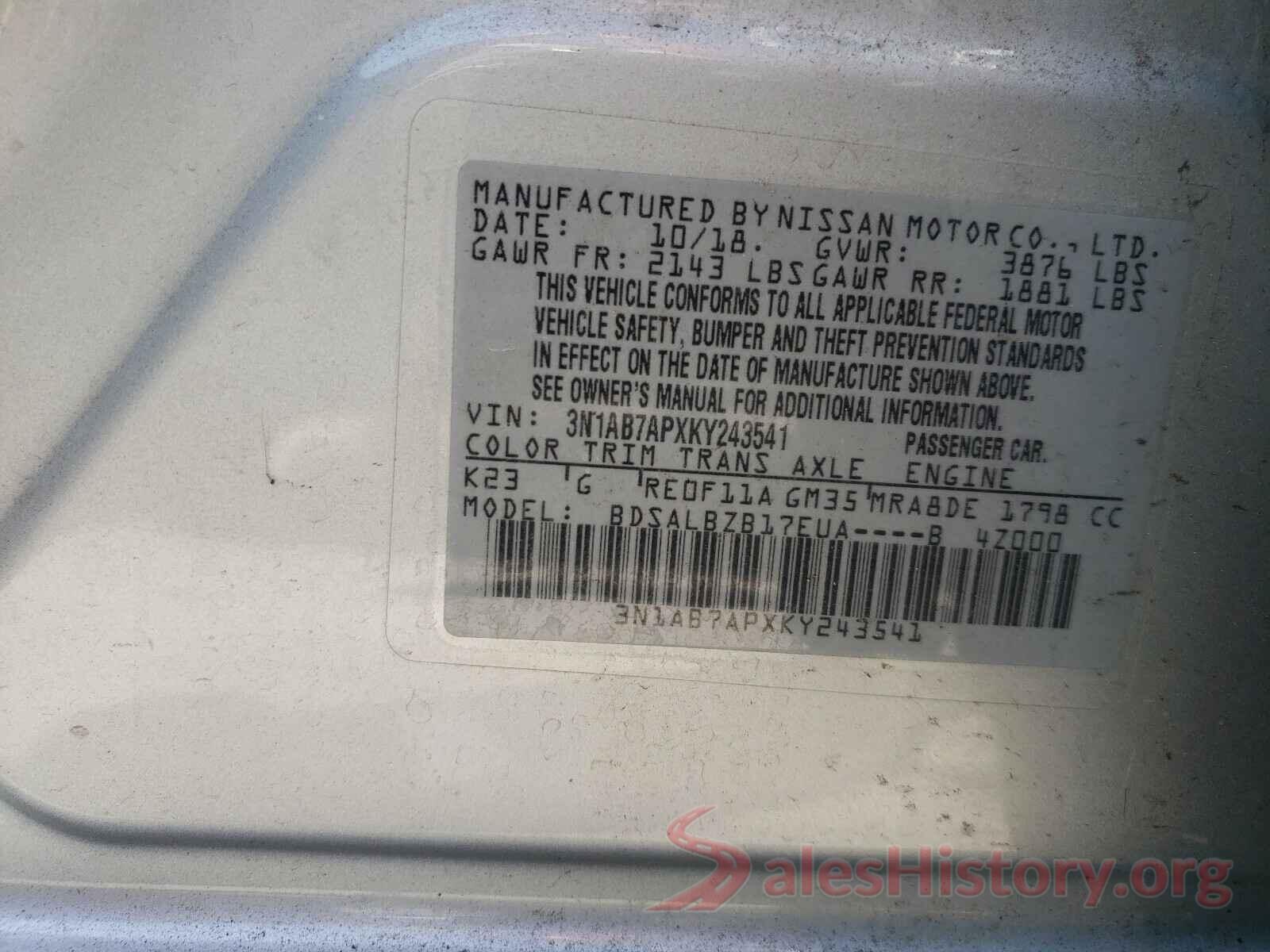 3N1AB7APXKY243541 2019 NISSAN SENTRA