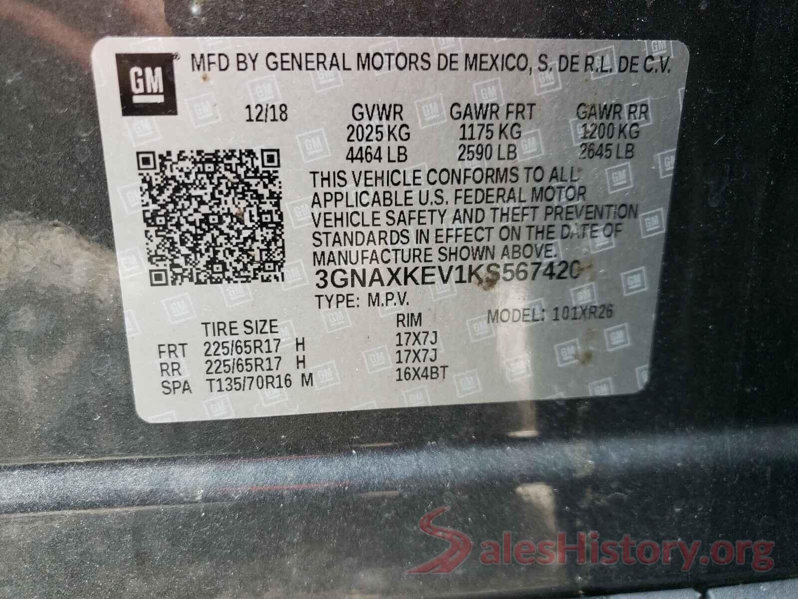 3GNAXKEV1KS567420 2019 CHEVROLET EQUINOX