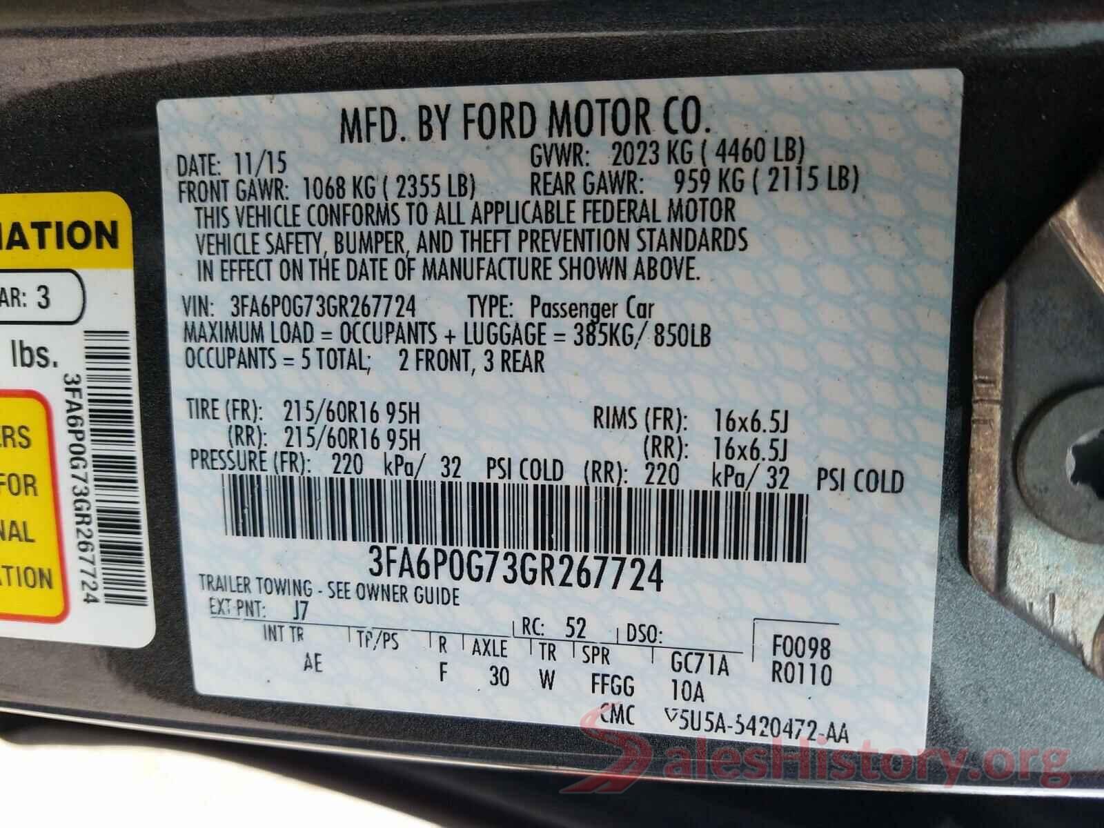 3FA6P0G73GR267724 2016 FORD FUSION