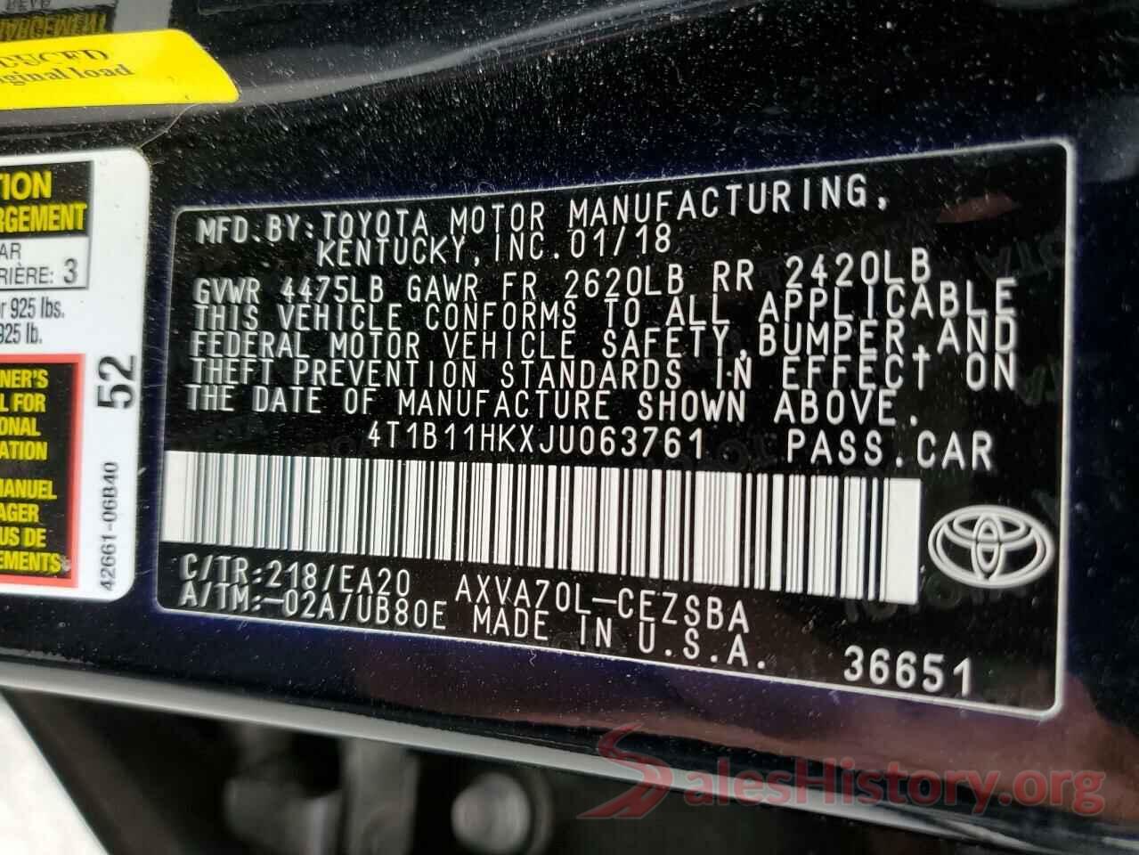 4T1B11HKXJU063761 2018 TOYOTA CAMRY