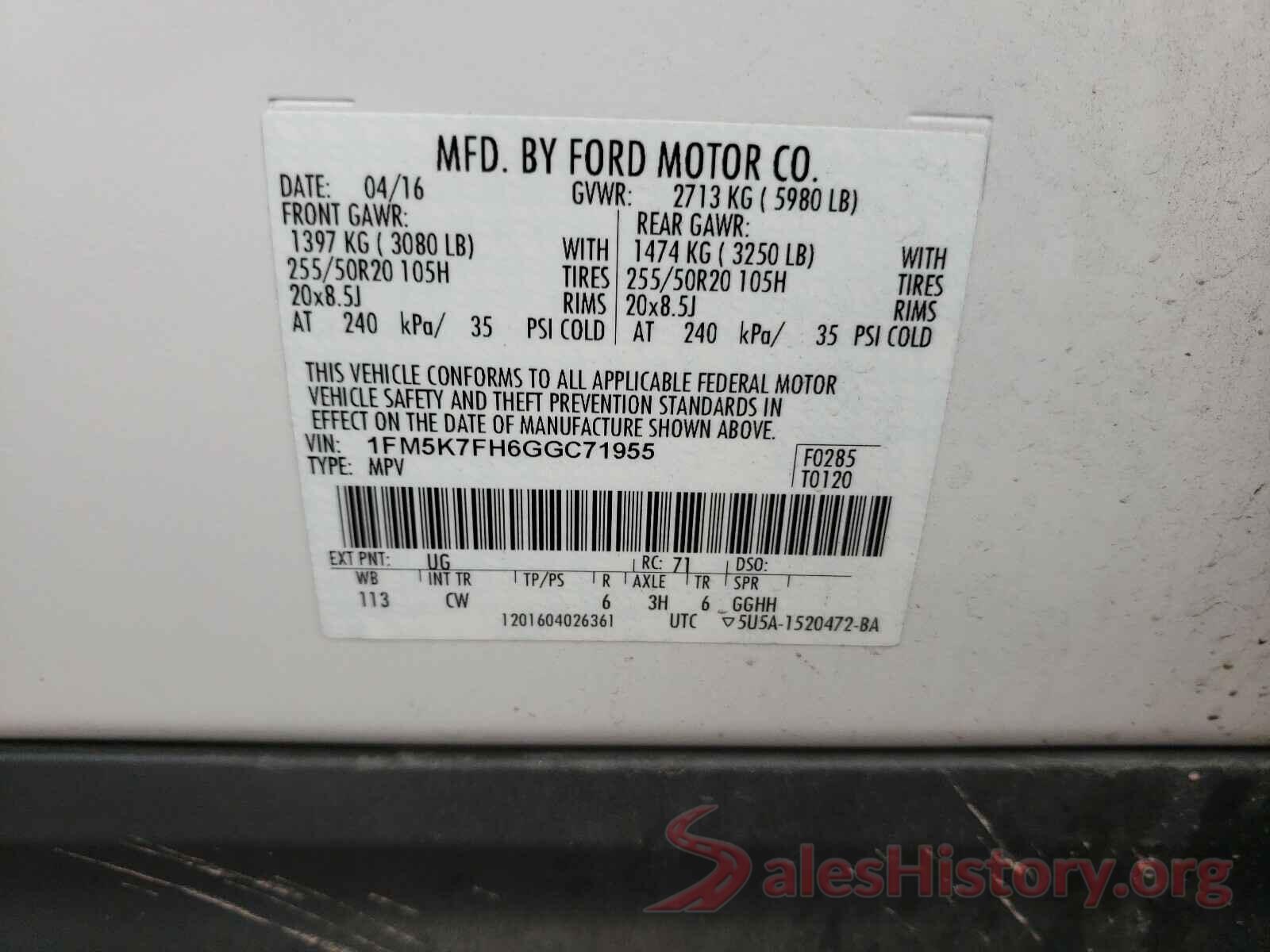 1FM5K7FH6GGC71955 2016 FORD EXPLORER