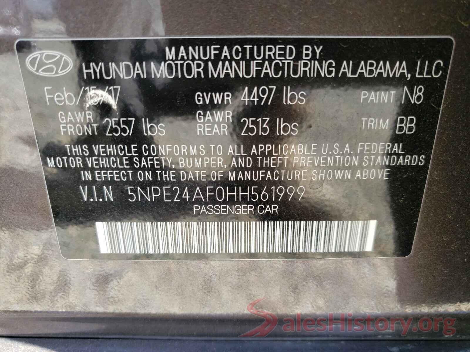 5NPE24AF0HH561999 2017 HYUNDAI SONATA