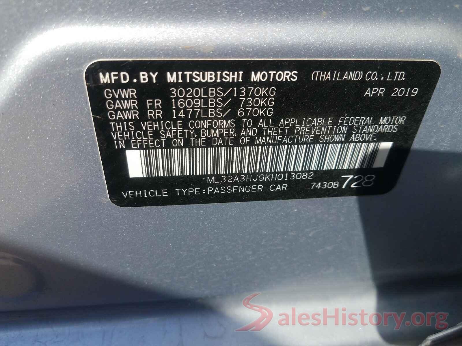 ML32A3HJ9KH013082 2019 MITSUBISHI MIRAGE