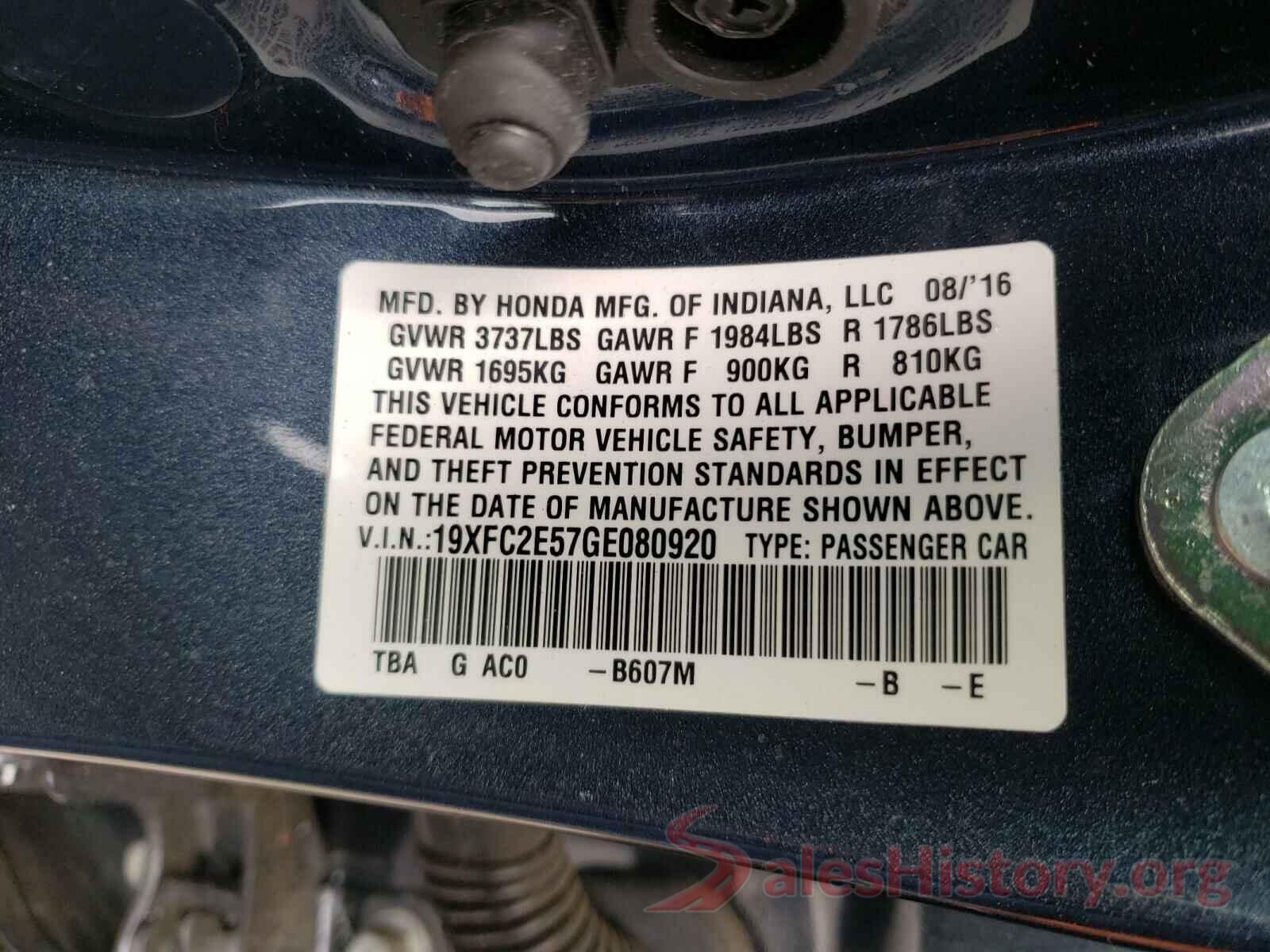 19XFC2E57GE080920 2016 HONDA CIVIC