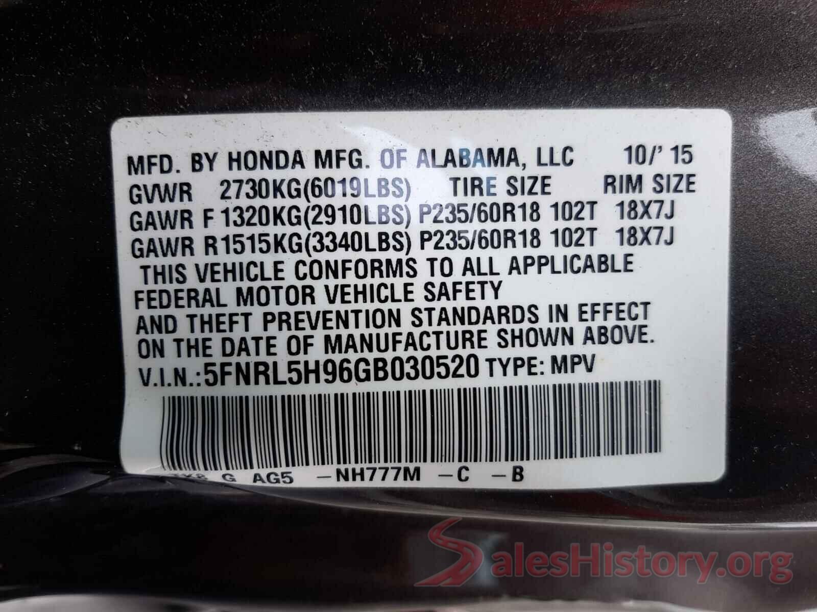 5FNRL5H96GB030520 2016 HONDA ODYSSEY